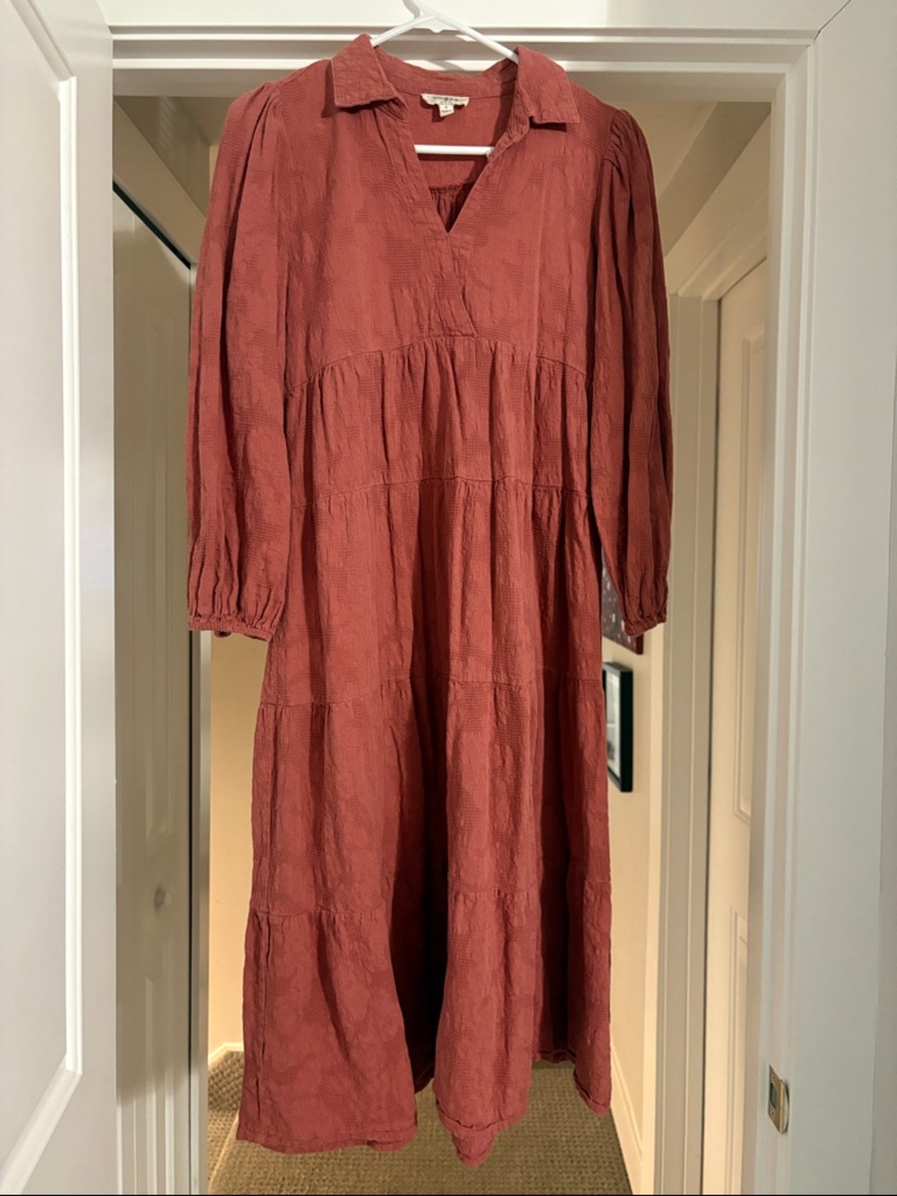 Umgee Rust Maxi Collared V-Neck Tiered Dress